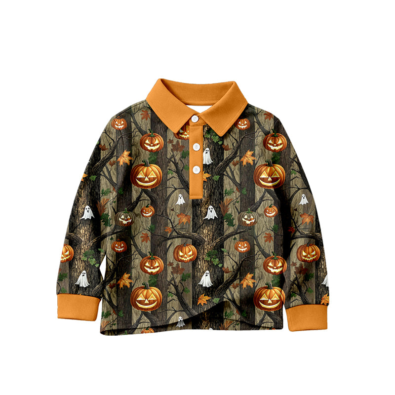 MOQ 5 PCS preorder BT1825 Halloween Goose Pumpkin Orange Polo Long Sleeve Boys Top 202604