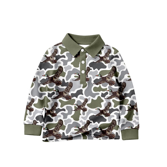 MOQ 5 PCS preorder BT1829 Duck Hunting Gray Green Camouflage Polo Long Sleeve Boys Top 202604