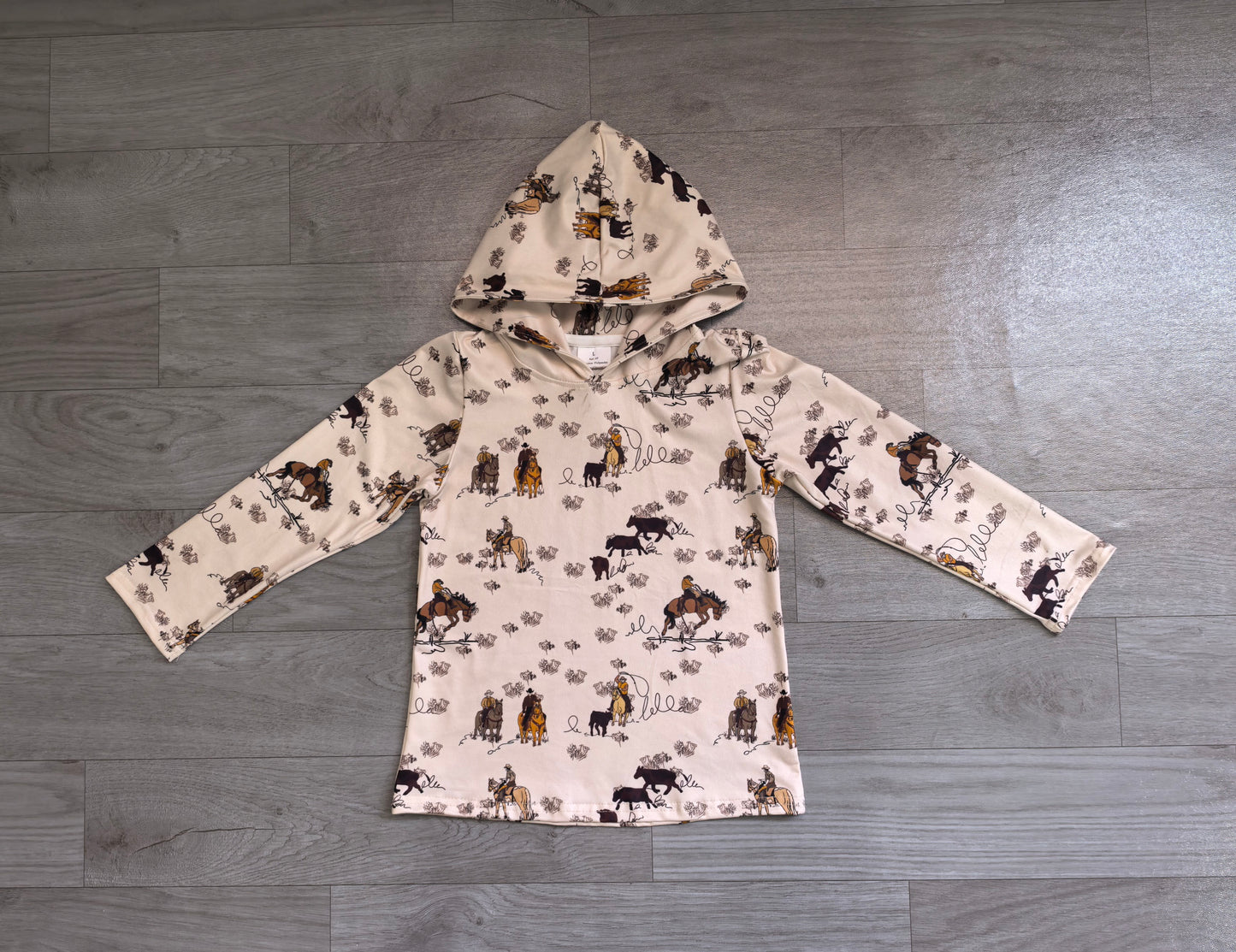 NO MOQ preorder BT1843 Riding Horse Cowboy Beige Hooded Long Sleeve Boys Top 202607
