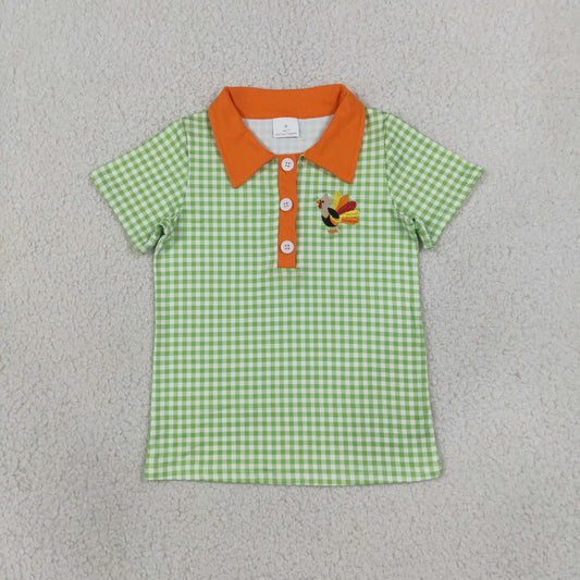 BT1889 Embroidery Thanksgiving Day Turkey Plaid Kids Boys Polo Shirt