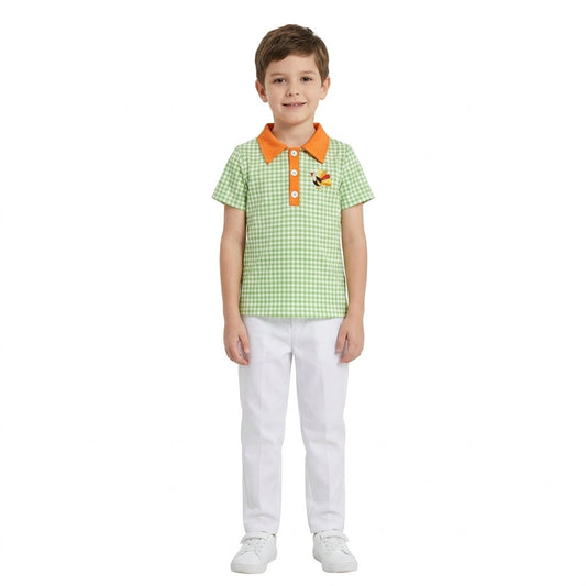 BT1889 Embroidery Thanksgiving Day Turkey Plaid Kids Boys Polo Shirt