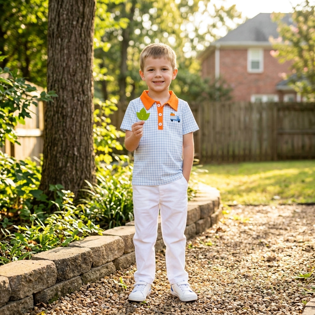 BT1890 Embroidery Pumpkin Plaid Kids Boys Polo Shirt