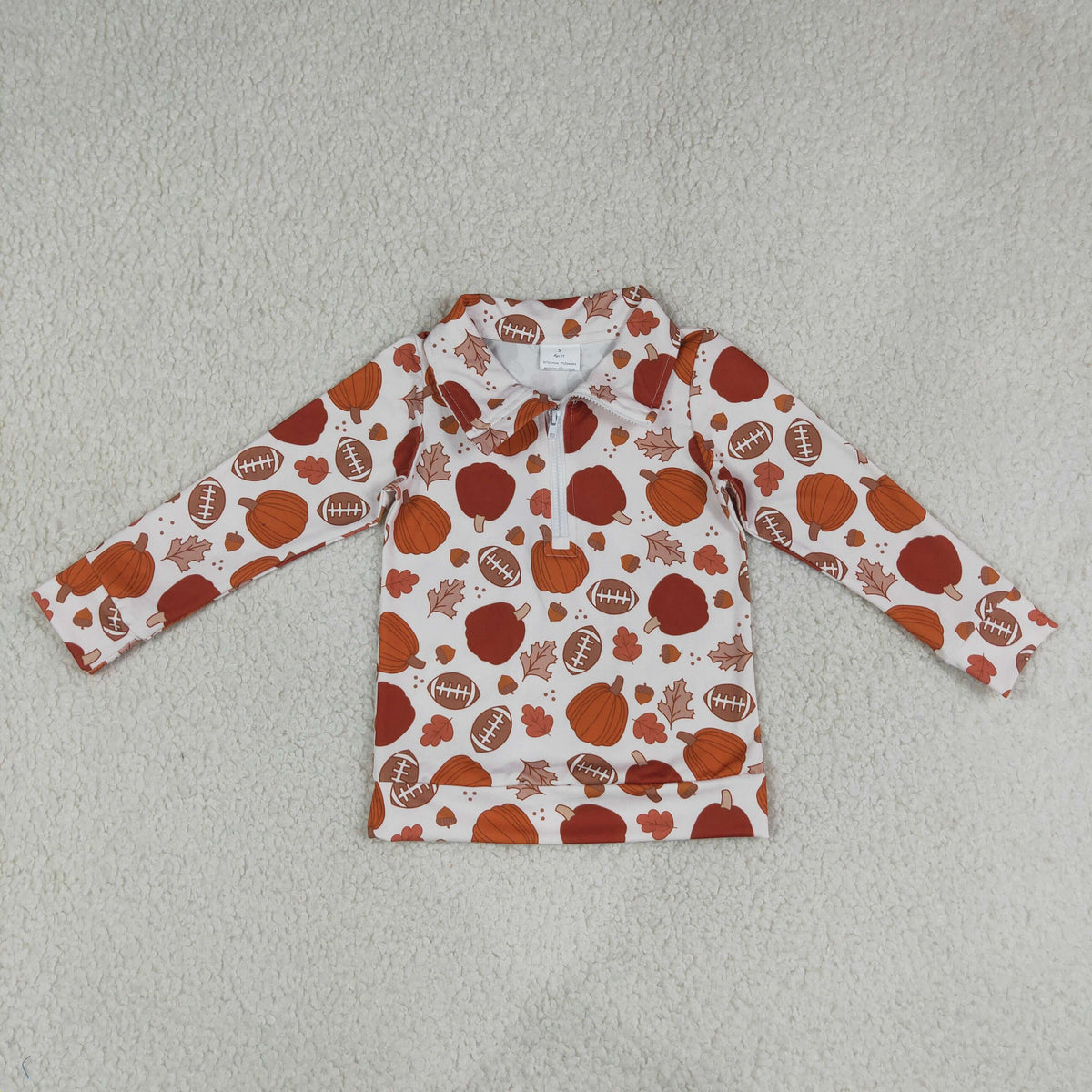 BT1894 Fall Pumpkin Football Leaves Print Zipper Pullovers Kids Boys Shirt Top
