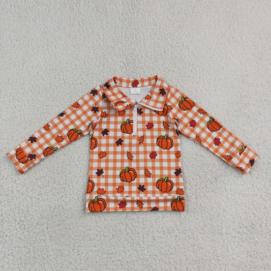 BT1895 Fall Pumpkin Plaid Print Zipper Pullovers Kids Boys Shirt Top 202609 RTS