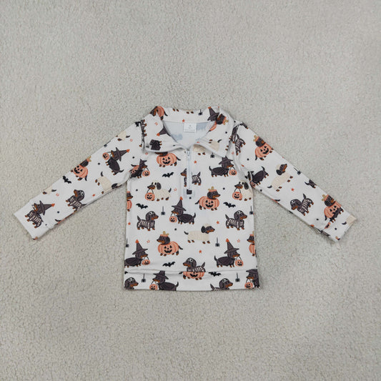 BT1896 Halloween Pumpkin Puppy Ghost Zipper Pullovers Kids Boys Shirt Top