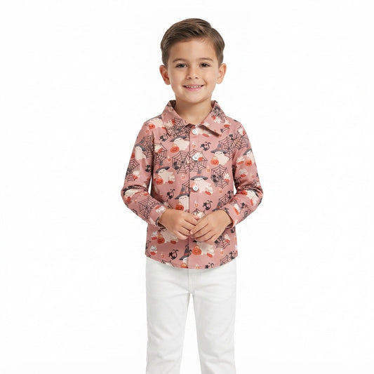 BT1902 Halloween Pumpkin Ghost Print Buttons Kids Boys Polo Shirt Top
