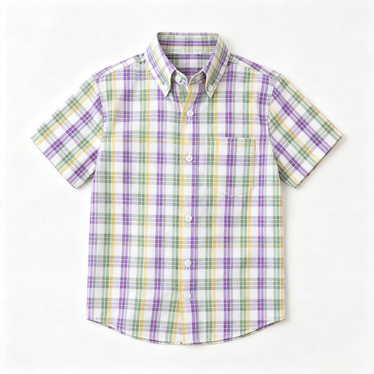 Preorder MOQ 5 pcs BT1957 Mardi Gras Plaid Buttons Kids Boys Polo Shirt Top 202609