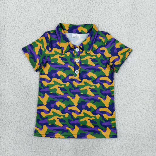 BT1958 Mardi Gras Purple Green Yellow Camo Polo Kids Boys Shirt Top