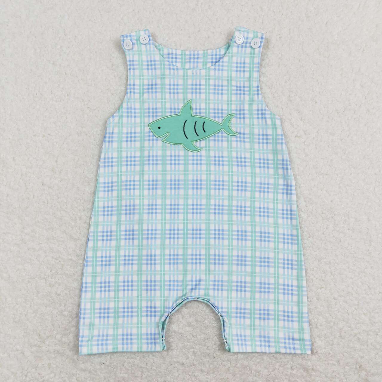 SR0651 Blue Shark Embroidery Girls Short Sleeve Romper