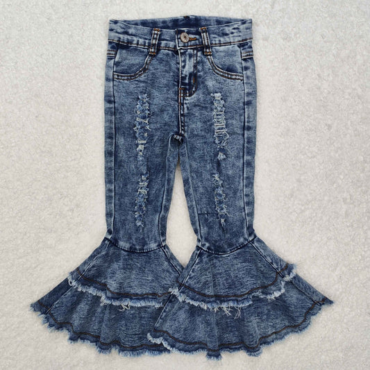 C1-13 Vintage Blue Denim Distress Double Ruffles Girls Boutique Jeans