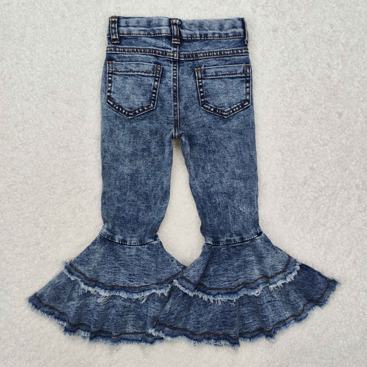 C1-13 Vintage Blue Denim Distress Double Ruffles Girls Boutique Jeans