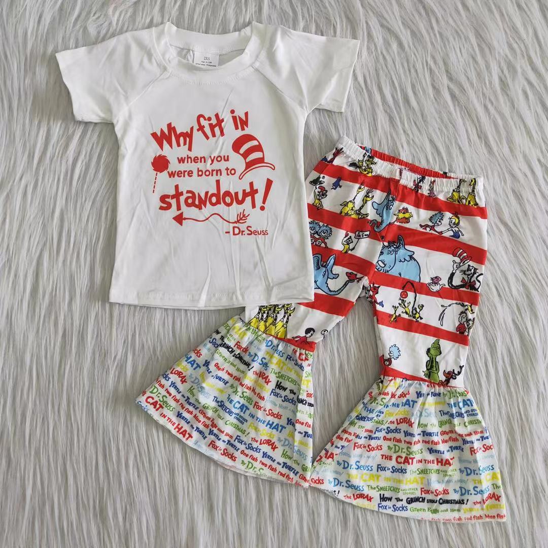 promotion RTS C1-9 CAT Red Cartoon Dr Girls Short Sleeve Bell Bottom Pants Outfits