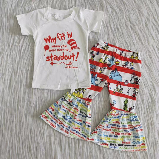 promotion RTS C1-9 CAT Red Cartoon Dr  Girls Short Sleeve Bell Bottom Pants Outfits