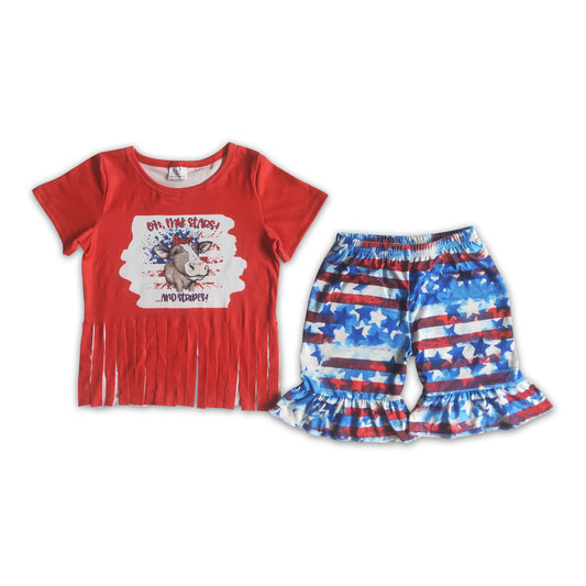 promotion RTS C15-2 4th of July Cow Girls Tassels Red Short Sleeve Top  Blue Ruffle Shorts Set
