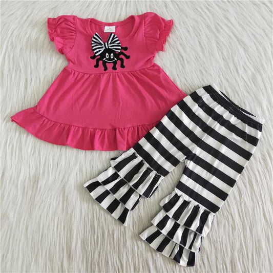 Promotion RTS C2-8-1 Pink Black Stripes Spider Embroidery Tunic Girls Short Sleeve Bell Bottom Pants Outfits