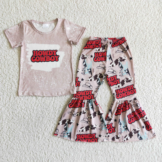 promotion RTS C3-30 Howdy Cowboy Grey Pink Short-Sleeved Bell Bottom Pants Sets Boutique
