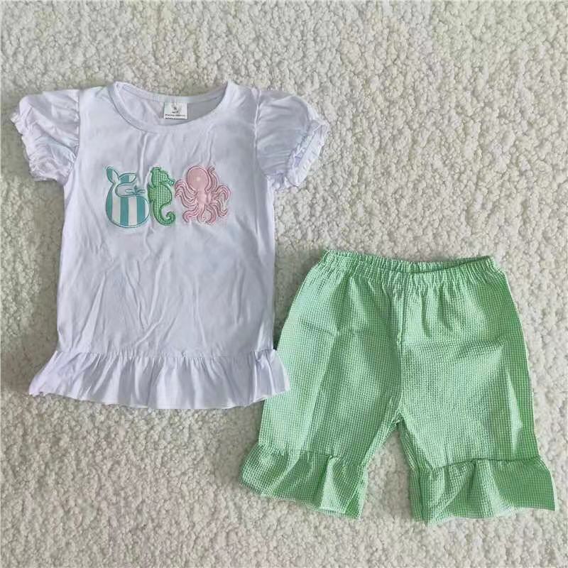 promotion RTS C6-21 Embroidered Marine Animals Girls Short Sleeve Shorts Outfits