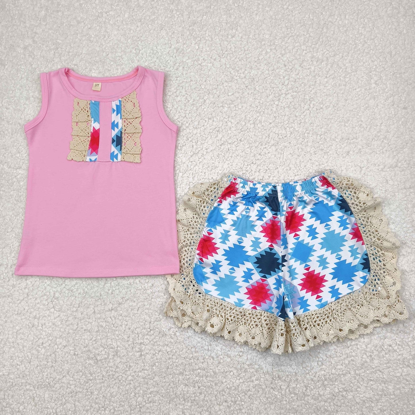 promotion RTS C7-5-1 girls pink ruffle sleeveless top shorts Sets