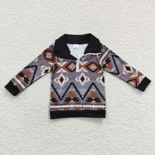BT0230 Black Brown Western Winter Boys Long Sleeve Top Collar T-Shirts