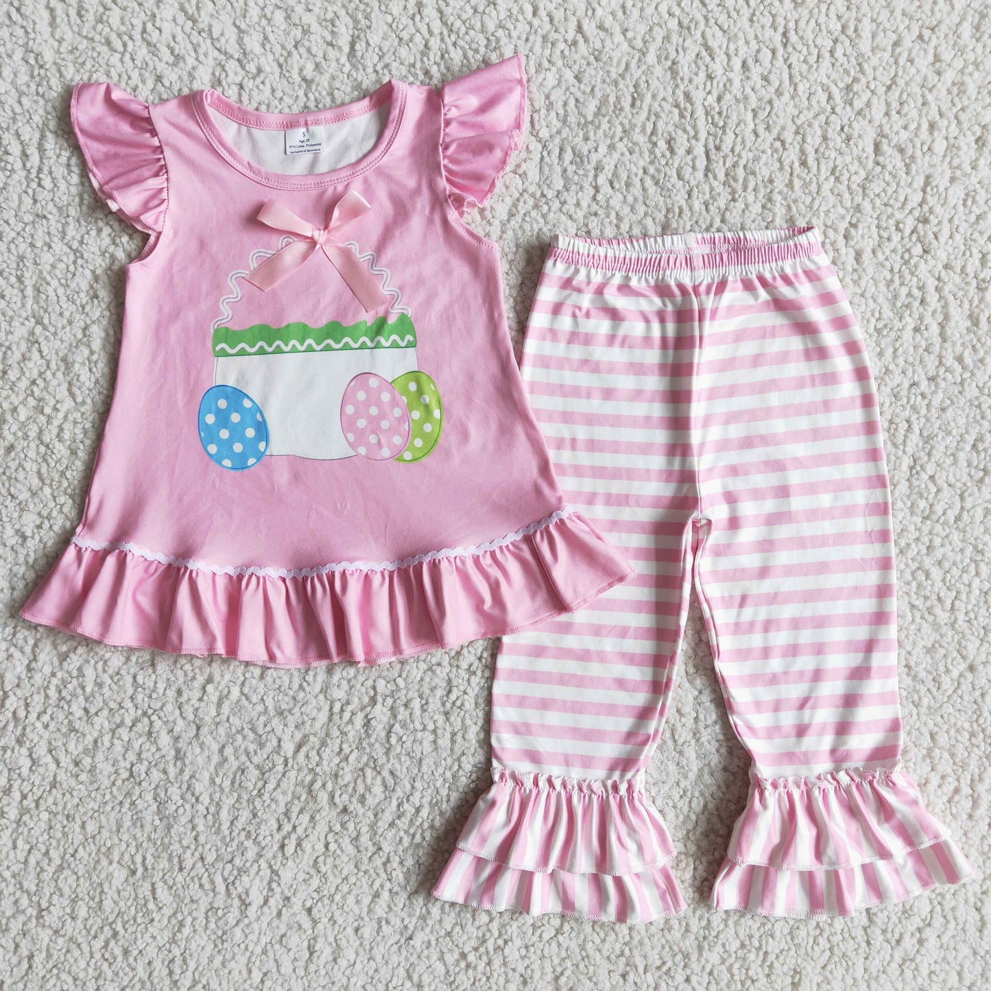 promotion RTS D1-13 Easter Outfits Colored Eggs Girls Pink Ruffle Short Sleeve Striped Pants Outfits