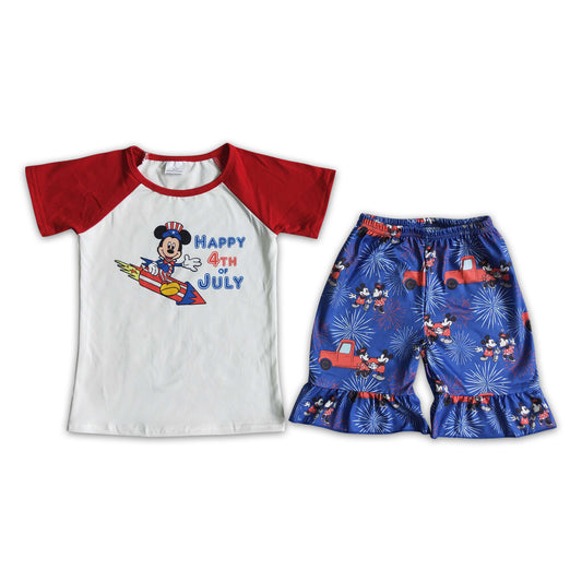 promotion RTS D10-28 Cartoon Mickey Mouse Happy 4TH JULY Girls Red Short Sleeve top Navy Blue shorts Outfits Boutique