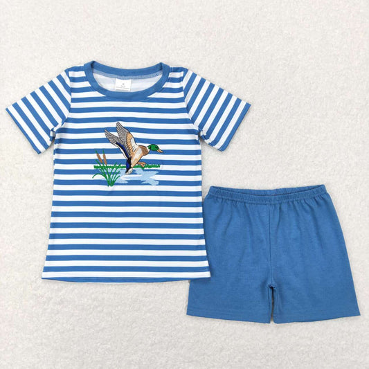 BSSO0308 Blue Duck Embroidery Boys Short Sleeve Shorts Outfits
