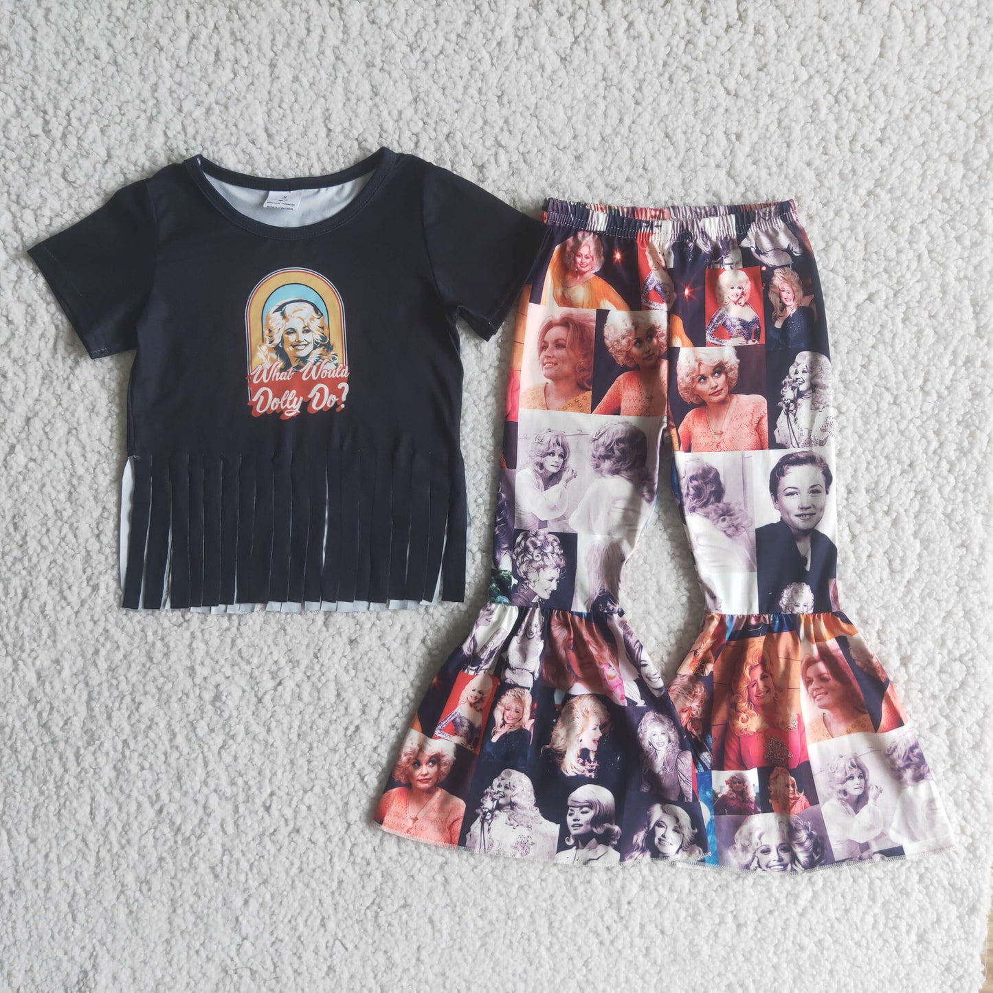 promotion RTS E2-15 Marilyn Monroe Black Tassel Short Sleeve Bell Bottom Pants Girls Outfits