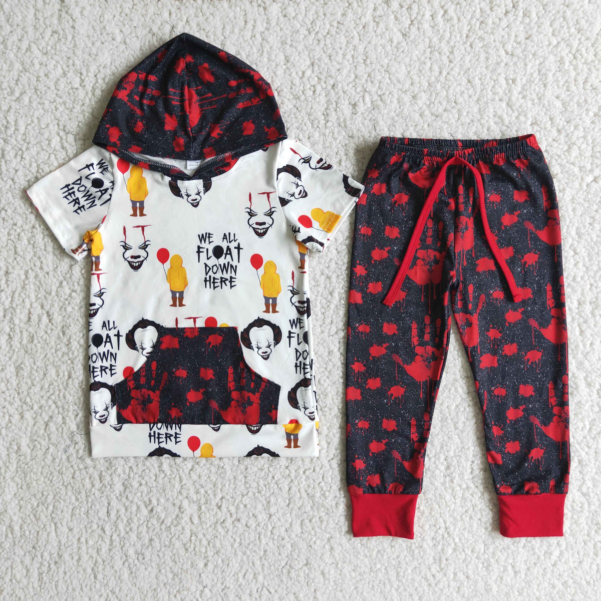 Promotion RTS E2-18 Halloween Red Black Clown We All Float Down Here Pocket Boys Short Sleeve Hoodies Outfits