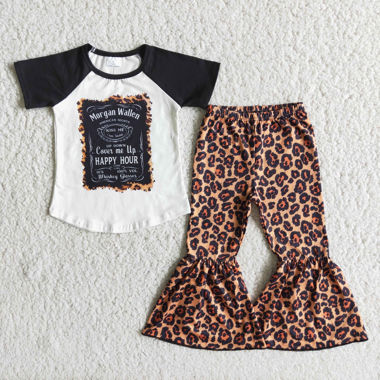 promotion RTS E2-20 Black White Short Sleeve Brown Leopard Bell Bottom Pants Girls Outfits