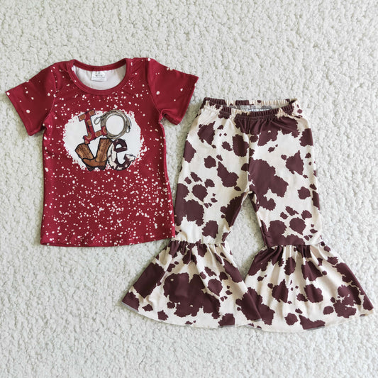 promotion RTS E2-3 Love Red Short Sleeve White Brown Bell Bottom Girls Outfits