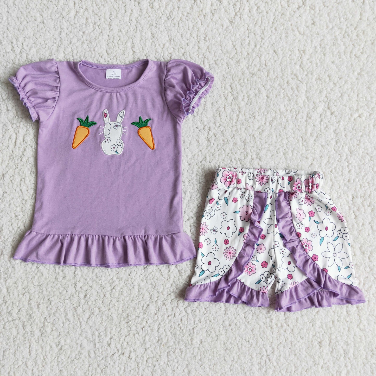 E6-20 Easter Bunny Carrot Purple White Flower Ruffled short sleeve top shorts set boutique girls clothing sets summer outfit RTS 202501