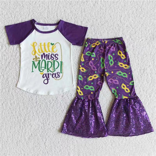 E7-27  Mardi Gras clothing Purple short sleeve top sequin bell bottom pants with mask glasses pattern Girls Boutique outfits 202501