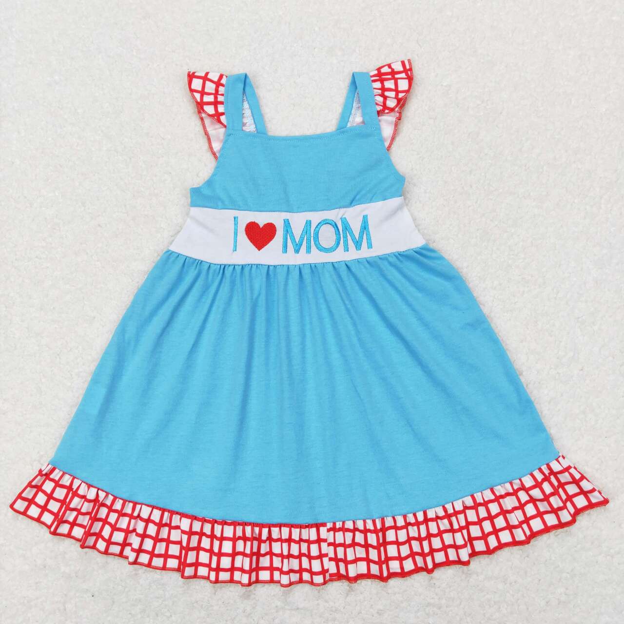 GSD0594 Valentine I Love Mom red blue Embroidery Girls Flutter Sleeve Dresses
