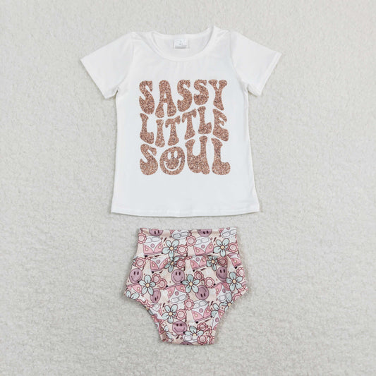 GBO0207 sassy little soul Letter Smile Face White Short Sleeve Bummies Girls Outfits