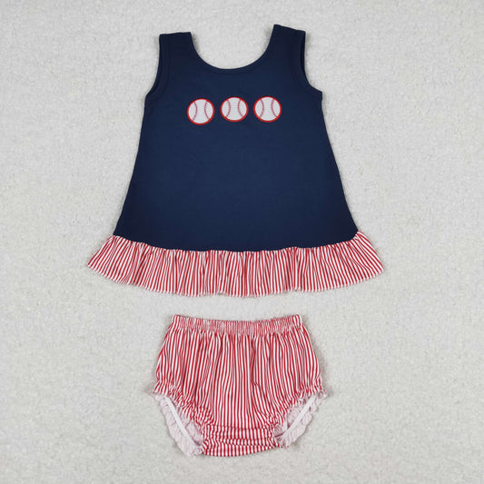 GBO0209 Embroidered baseball navy sleeveless red and white striped briefs suit girl kids clothing sets