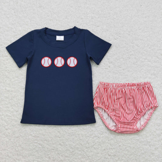GBO0210 Embroidered Baseball Navy Short Sleeve Red Plaid Briefs Girls Sets RTS 202508