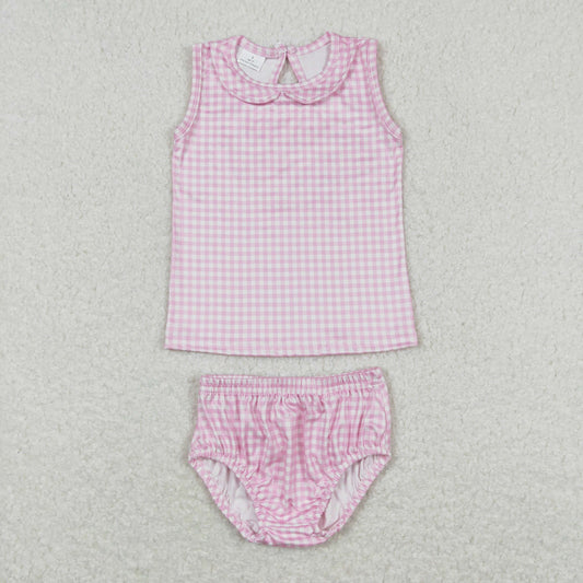 GBO0222 Pink Plaid Doll Colar Sleeveless Girls Bummies Outfits RTS 202508