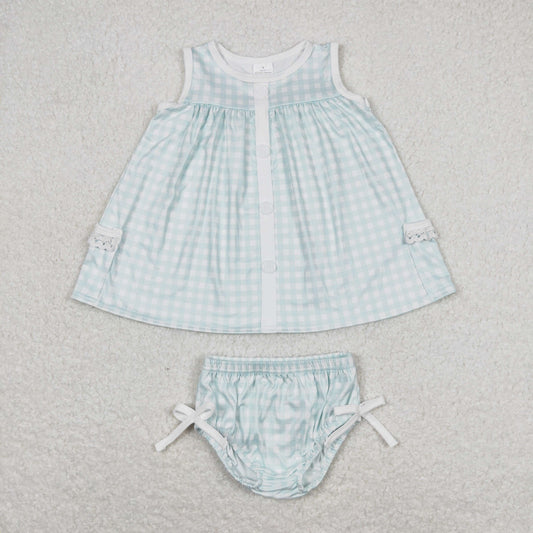 GBO0259 Girls Boutique Blue Green Plaid Lace Ruffle Pocket Sleeveless Top Briefs Set  RTS 202508