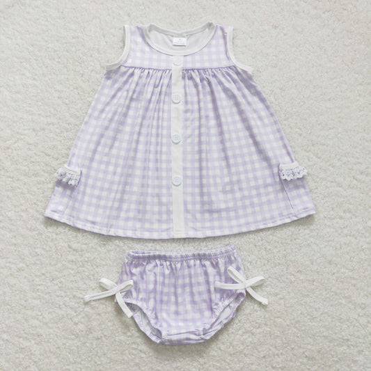 GBO0260 Girls Boutique Light Purple Plaid Lace Ruffle Pocket Sleeveless Top Briefs Set  RTS 202508