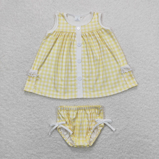 GBO0261 Girls Boutique Yellow Plaid Lace Ruffle Pocket Sleeveless Top Briefs Set  RTS 202508