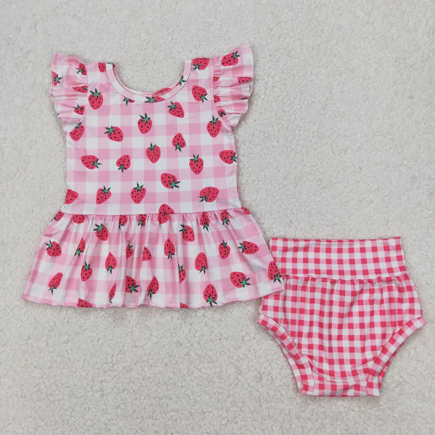 GBO0264 Pink Strawberry Plaid Ruffle Fly Sleeve Top Briefs Set Girls Boutique Outfits 202503 RTS