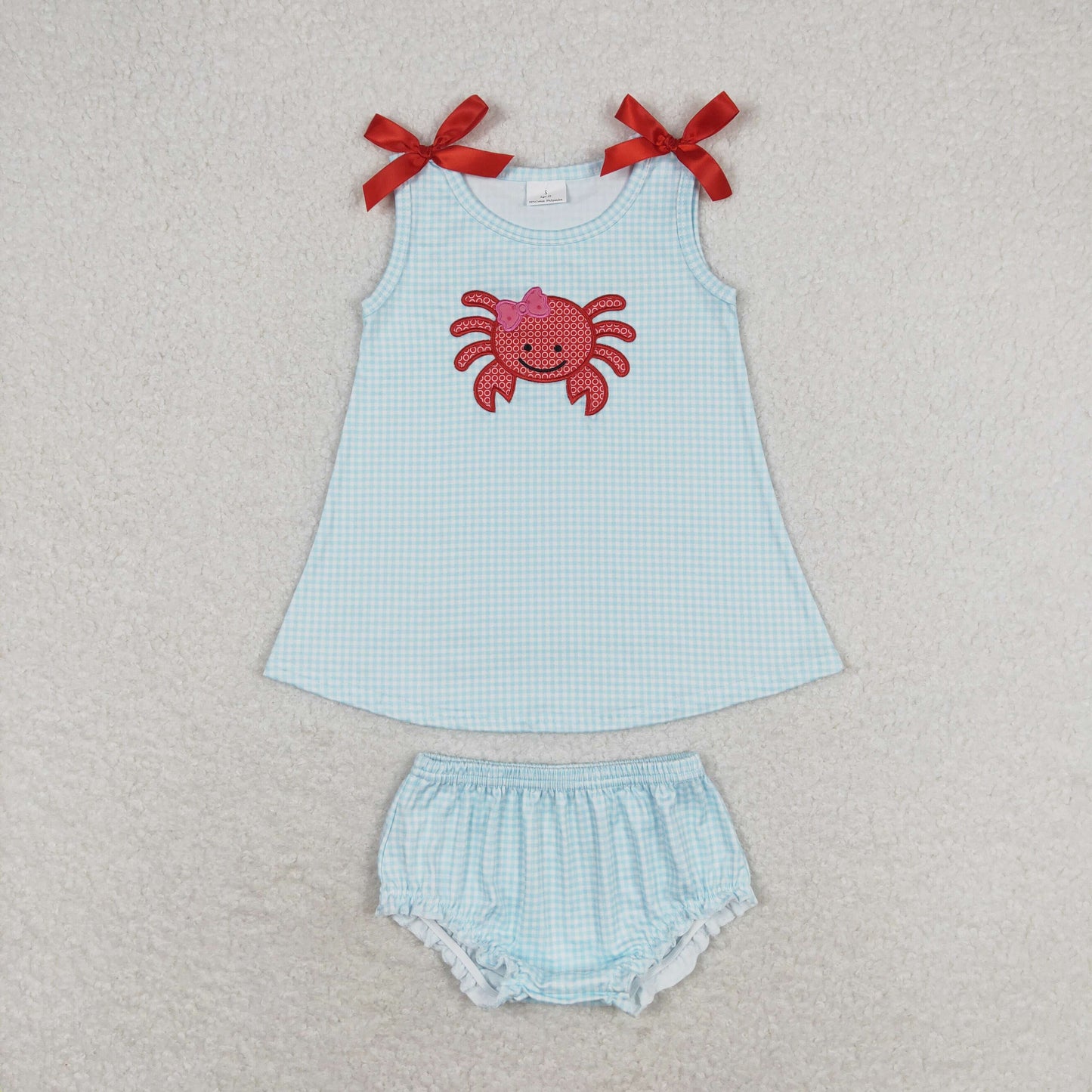 GBO0267 Embroidered crab blue and white checkered sleeveless top briefs set high quality wholesale girls clothing sets 2024