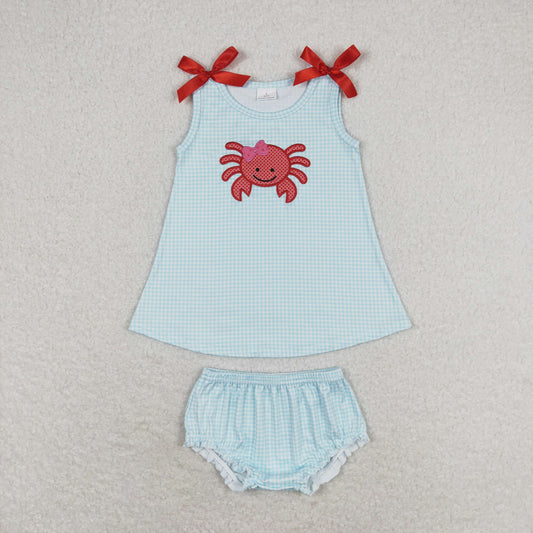 GBO0267 Embroidered crab blue and white checkered sleeveless top briefs set high quality wholesale girls clothing sets 2024