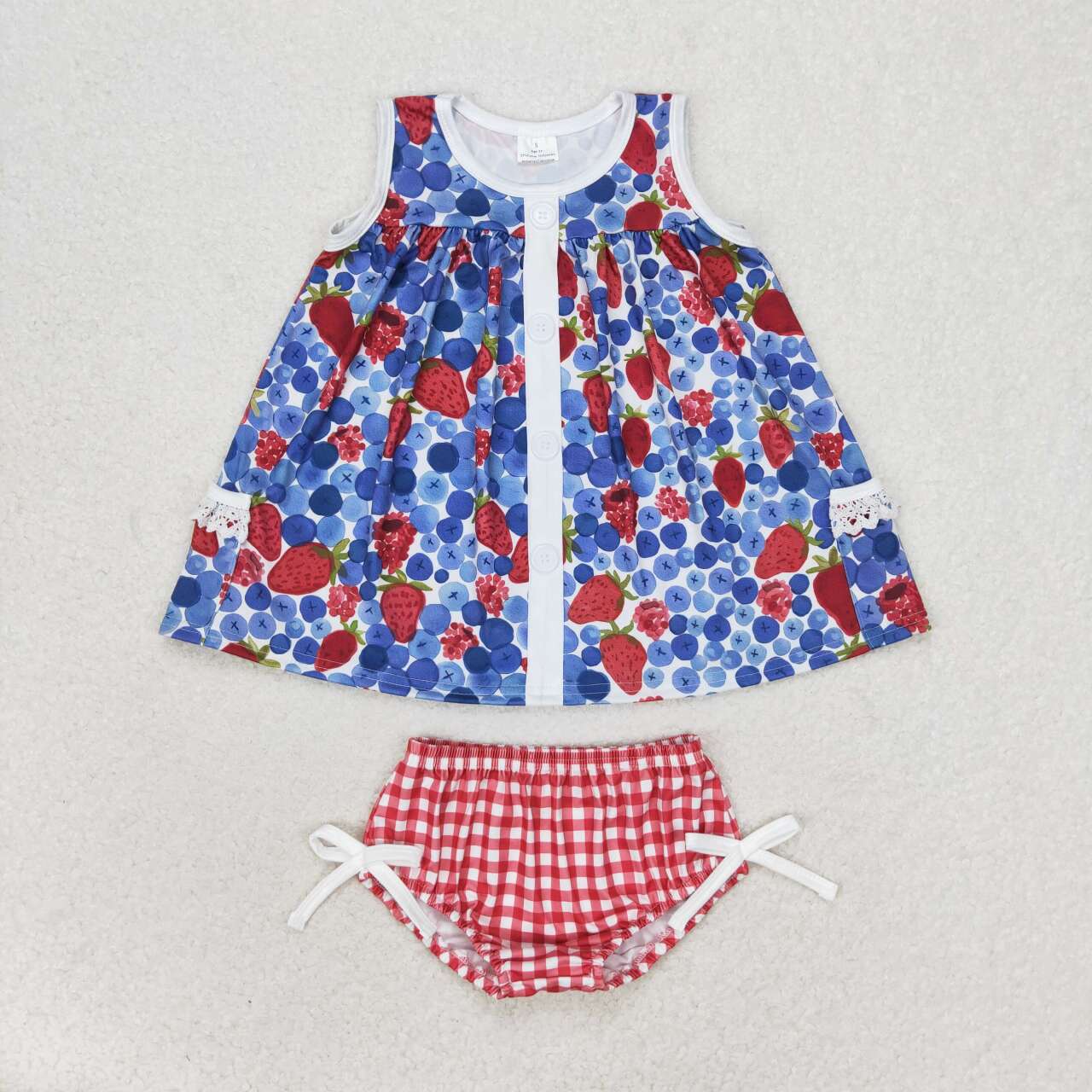 GBO0268 Strawberry blueberry sleeveless top red and white checkered briefs suit little girls clothing sets