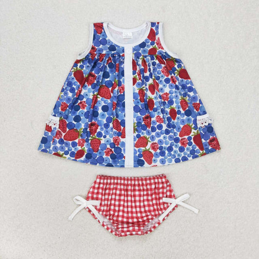 GBO0268 Strawberry blueberry sleeveless top red and white checkered briefs suit little girls clothing sets