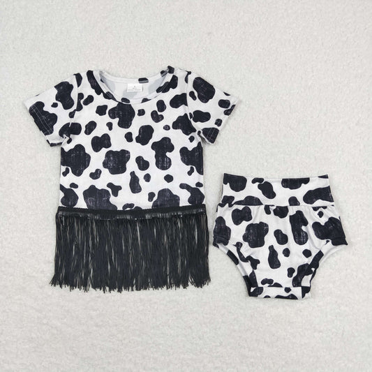 GBO0273 Dairy cow fringe black and white short-sleeved briefs set high quality wholesale clothing set for girl