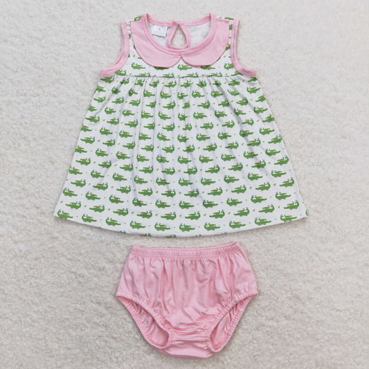 GBO0277 Pink Green crocodile Sleeveless Top briefs outfit Girls Boutique outfits RTS 202502