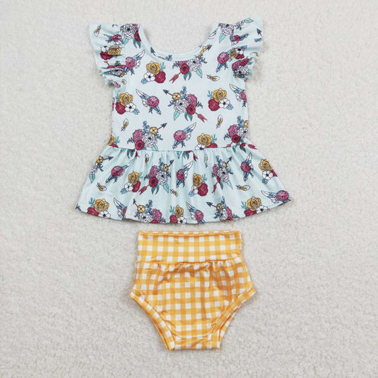 GBO0281 Flower Arrow Ruffle Flying Sleeve Yellow Plaid Briefs Girls Sets RTS 202508