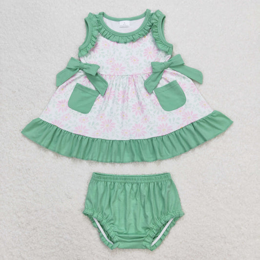 GBO0292 Flower Green Ruffle Pocket Sleeveless Girls Bummies Outfits RTS 202508