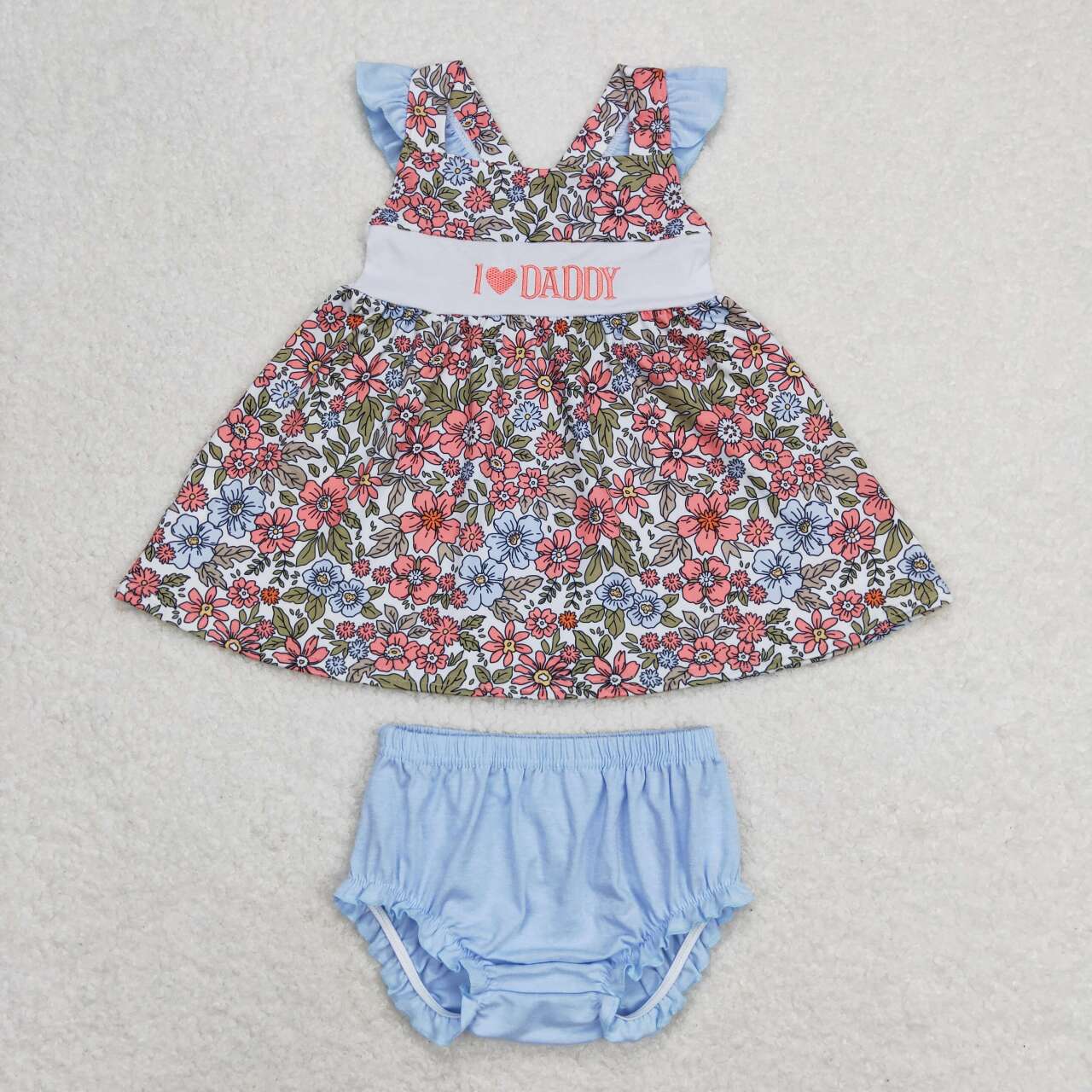 GBO0294 Embroidered I Love Daddy Flower Flying Sleeve Girls Bummies Outfits RTS 202508